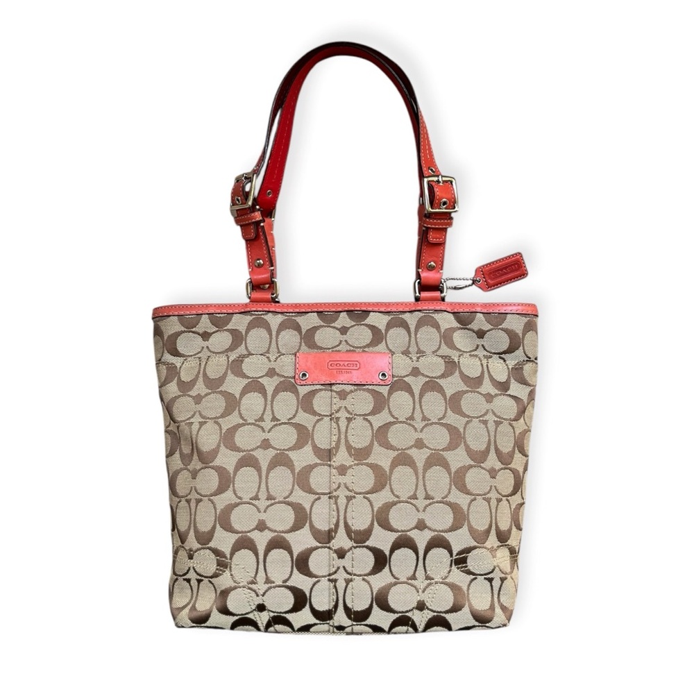 Coach Hamptons Beige / Orange Signature Canvas Book Tote Bag
